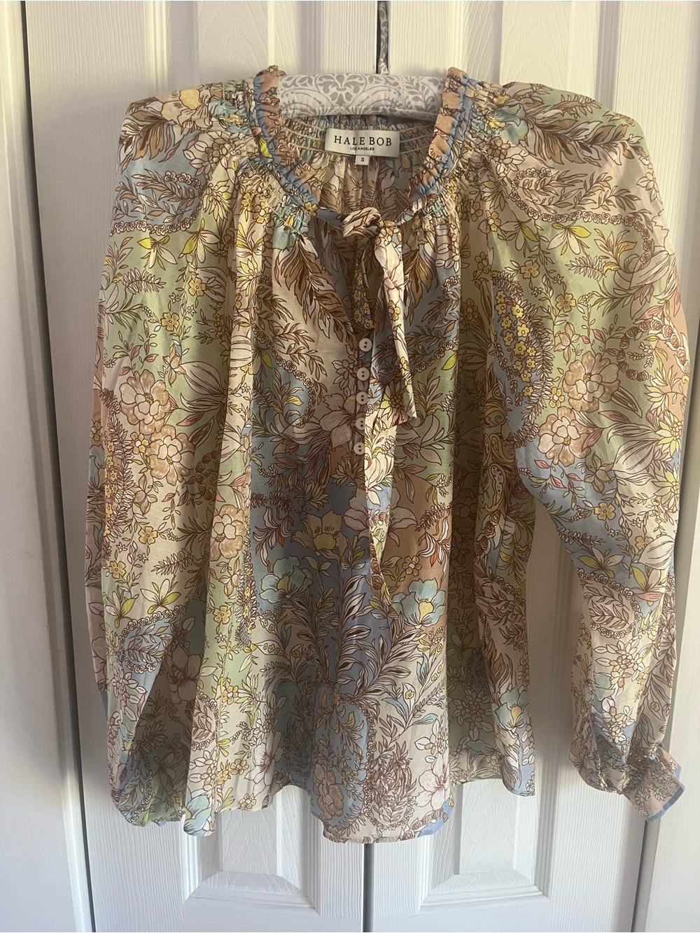 Hale Bob Pastel Floral Tie-Neck Peasant Blouse silk cotton sz S